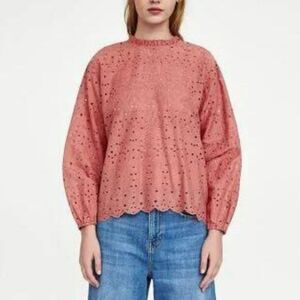 Zara Coral Eyelet Embroidered Ruffle Cotton Top S